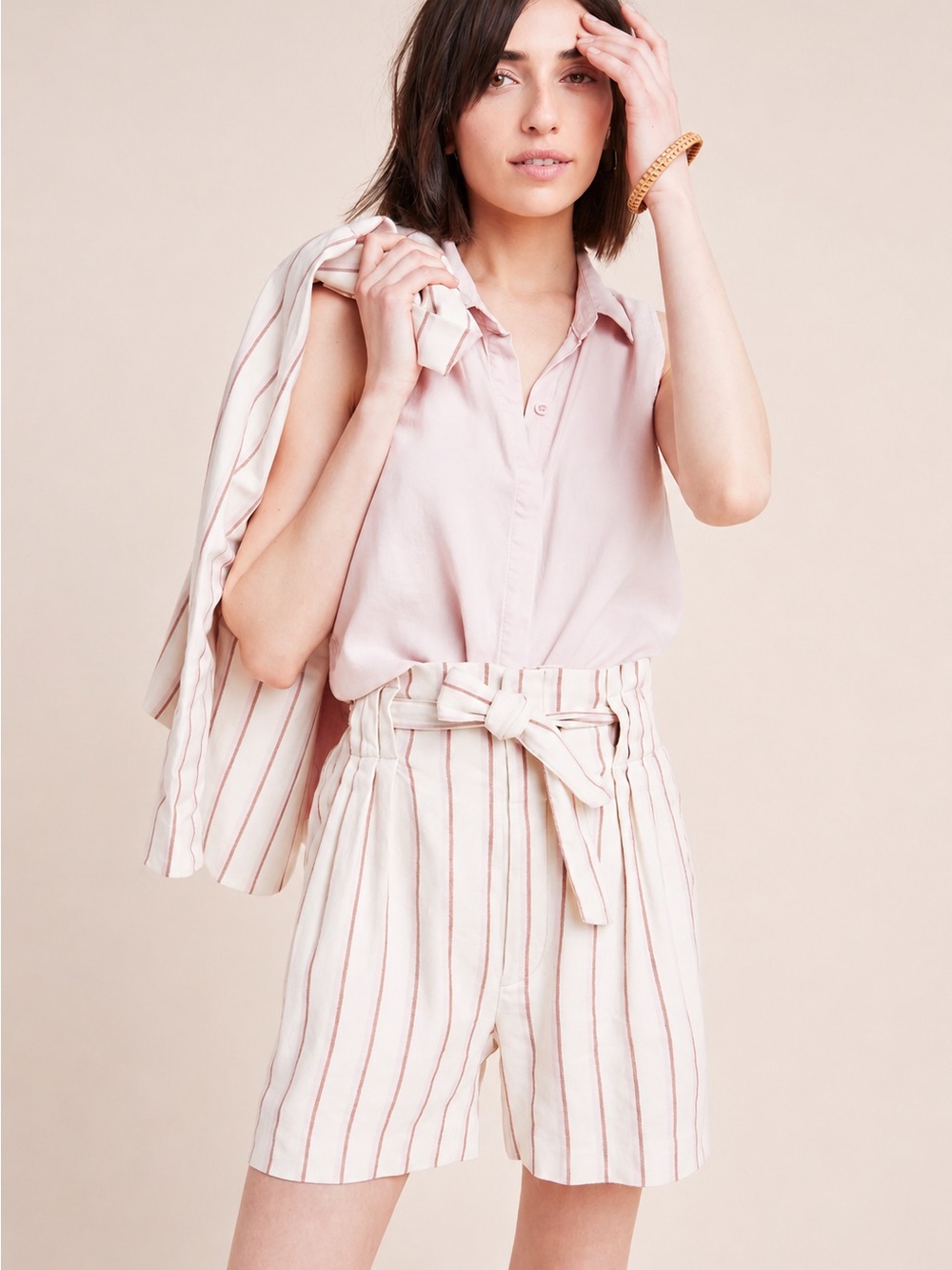 🤍 Anthropologie Edisto Striped Linen Blend Paperbag Shorts Size 12 Belted‎ 🤍